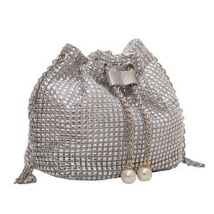 CRYSTAL RHINESTONES CROSSBODY SILVER BUCKET PURSE